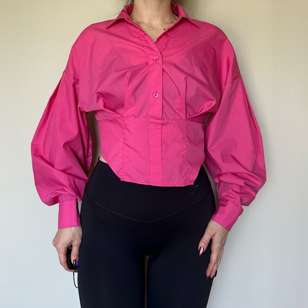ASOS Pink Long Sleeve Notched Collar Crop Blouse